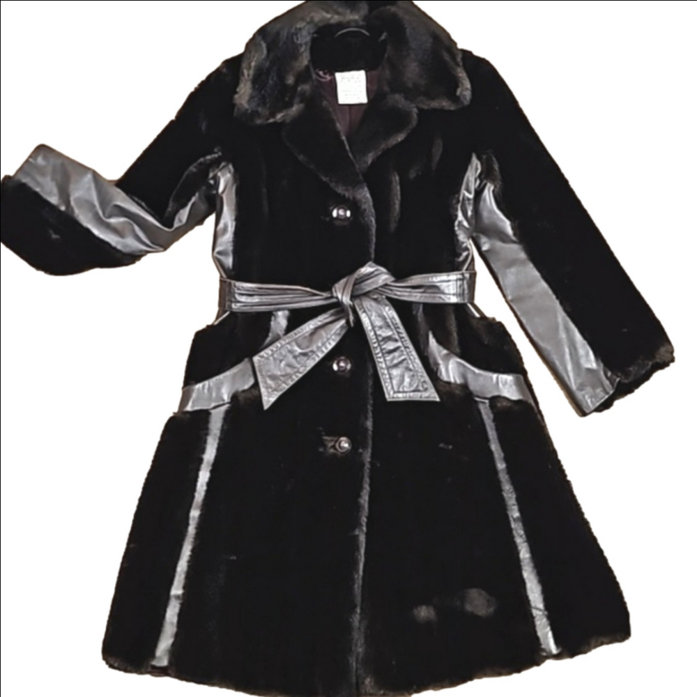 Vintage Tissavel France Faux Fur & Leather Chocolate Brown 70s Glam Belted Coat